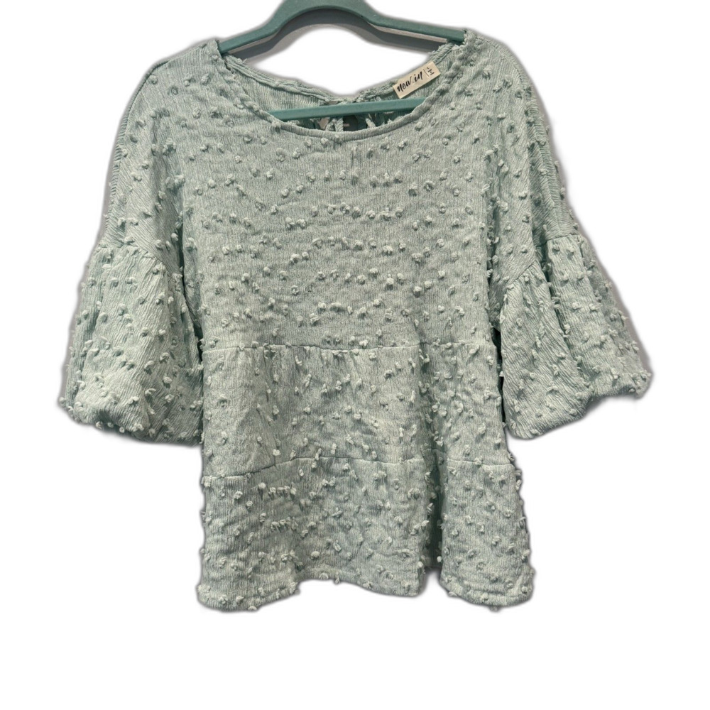 New In Top Textured Swiss Dot Peplum Blouse Bell Sleeve Mint Green Women Large - Picture 1 of 10